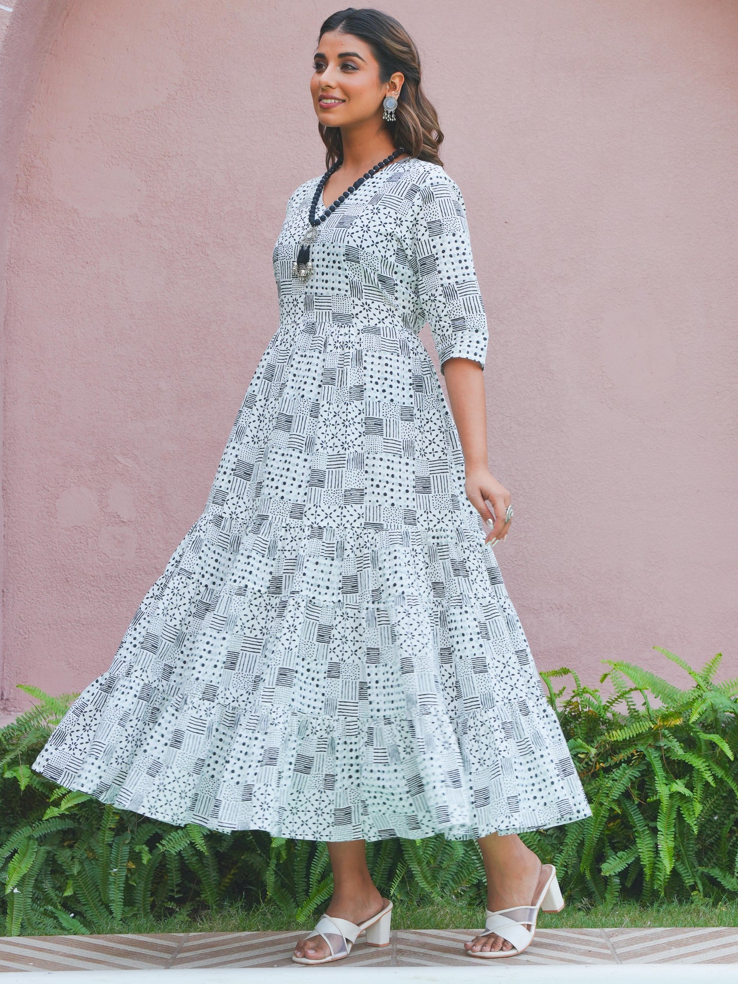 Soft Cotton Patchwork Anarkali White Dress