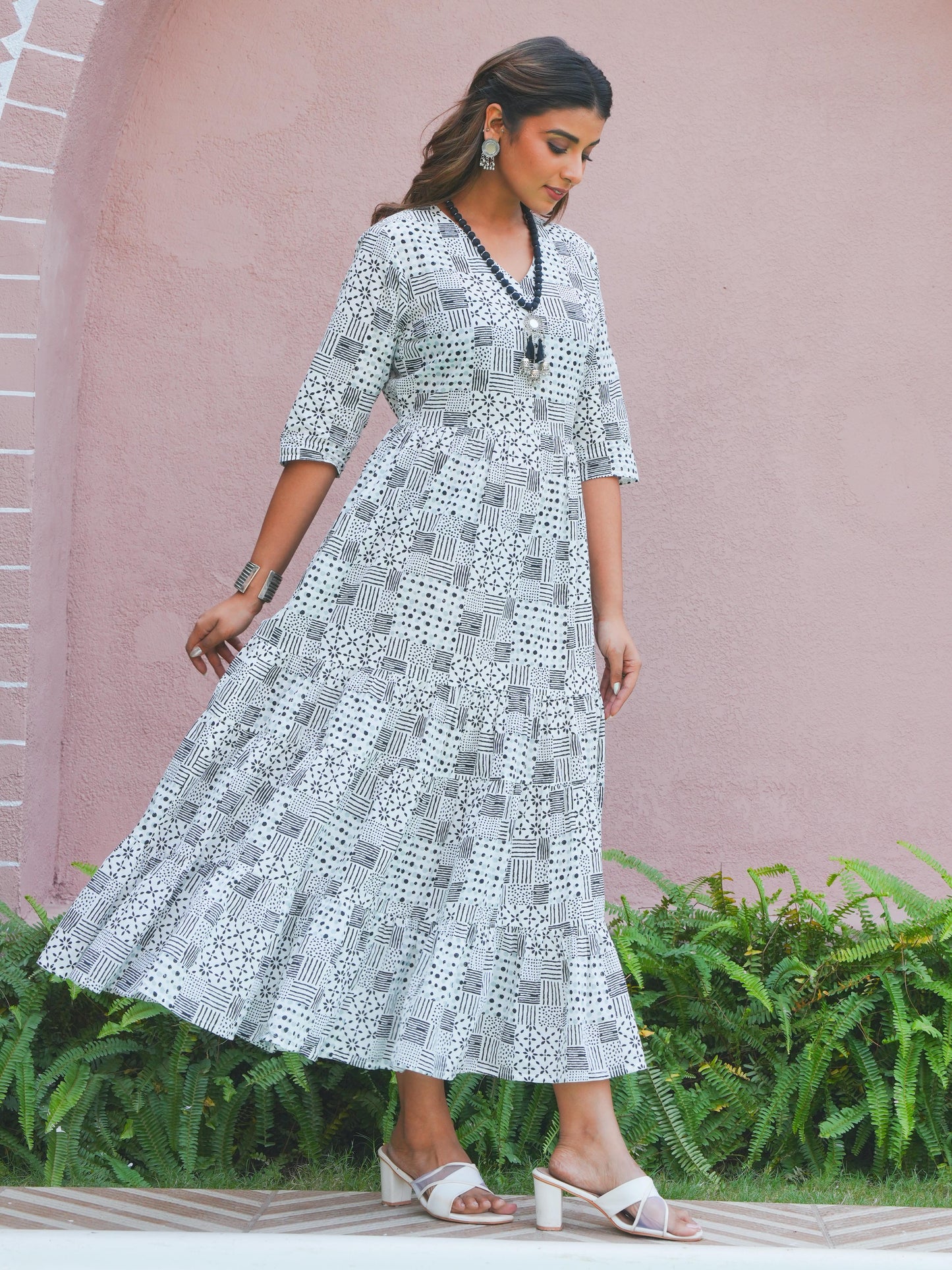 Soft Cotton Patchwork Anarkali White Dress