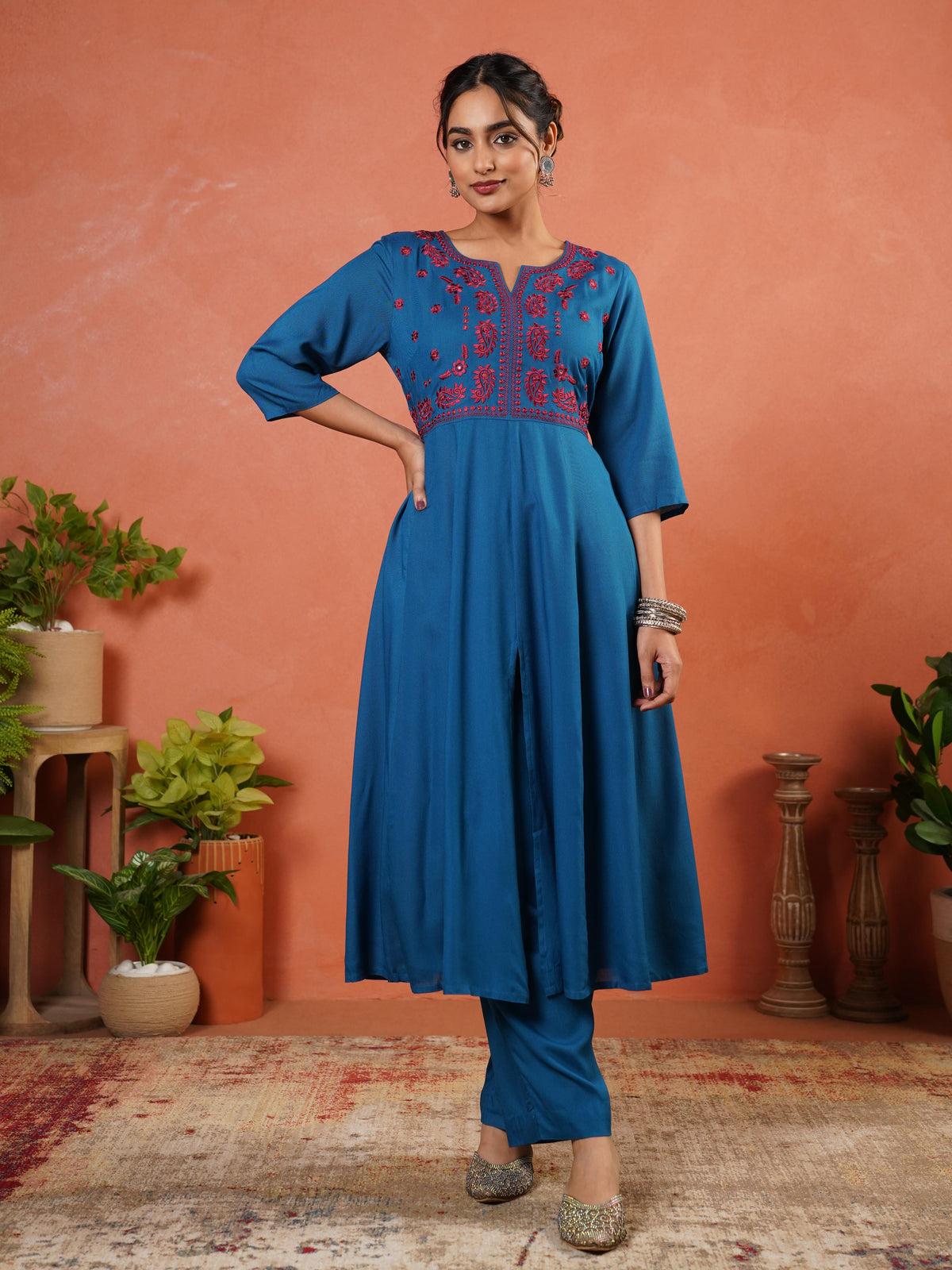 Embroidered Viscose Solid Anarkali Blue Kurta