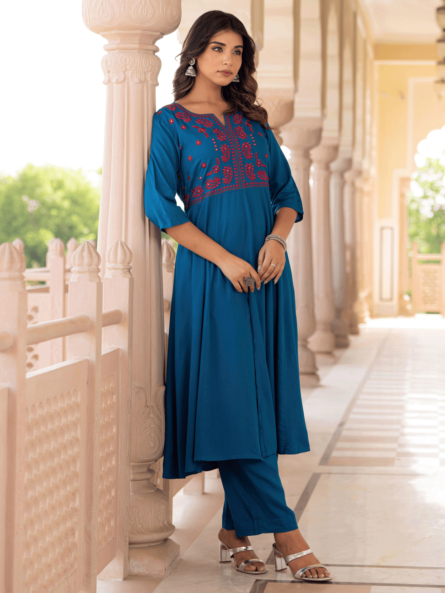 Embroidered Viscose Solid Anarkali Blue Kurta