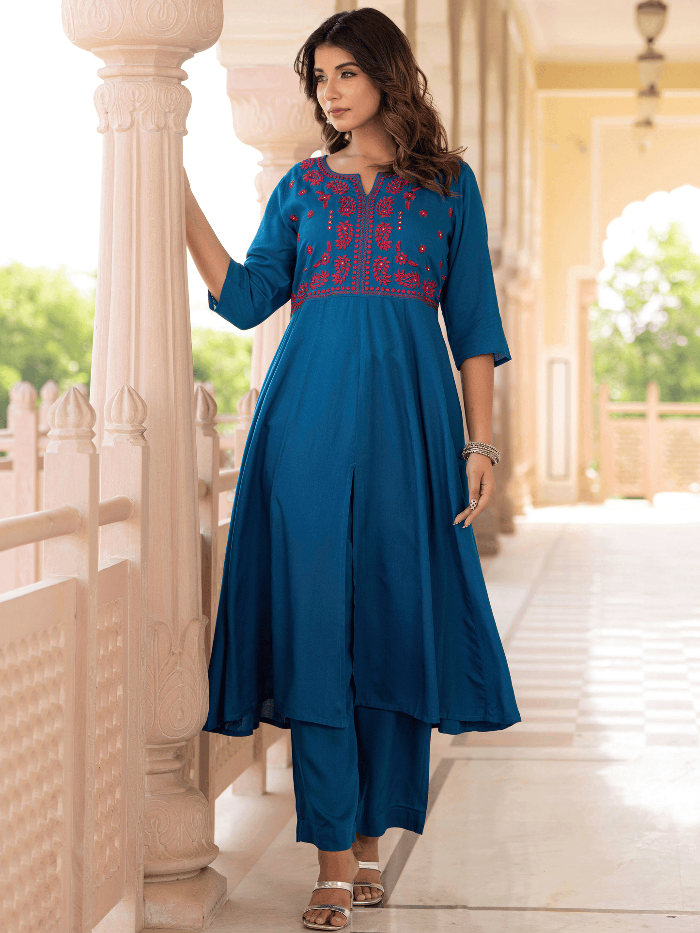 Embroidered Viscose Solid Anarkali Blue Kurta