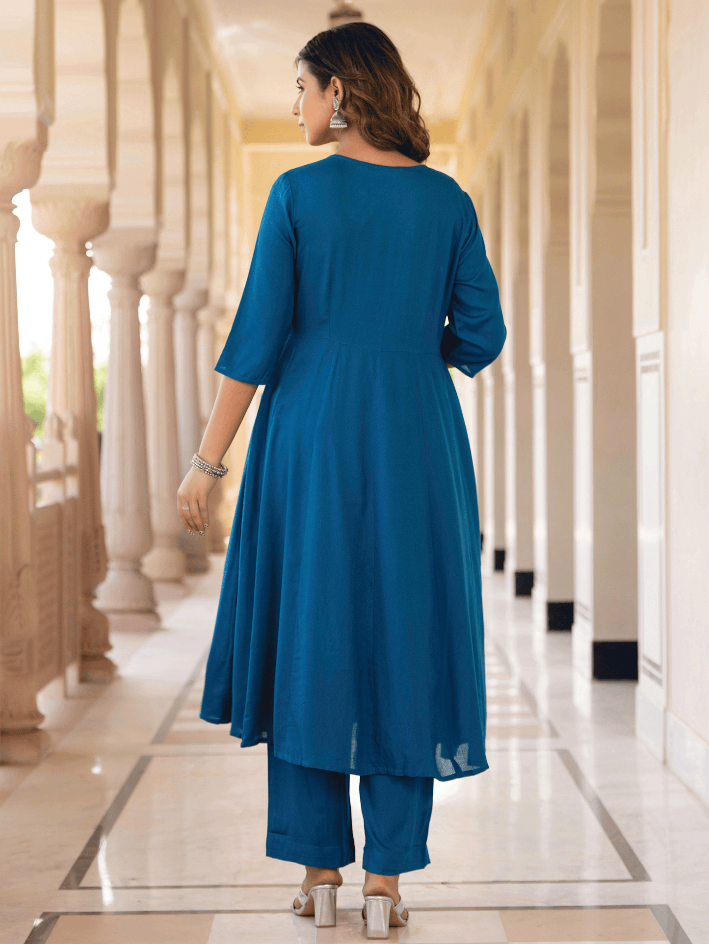 Embroidered Viscose Solid Anarkali Blue Kurta