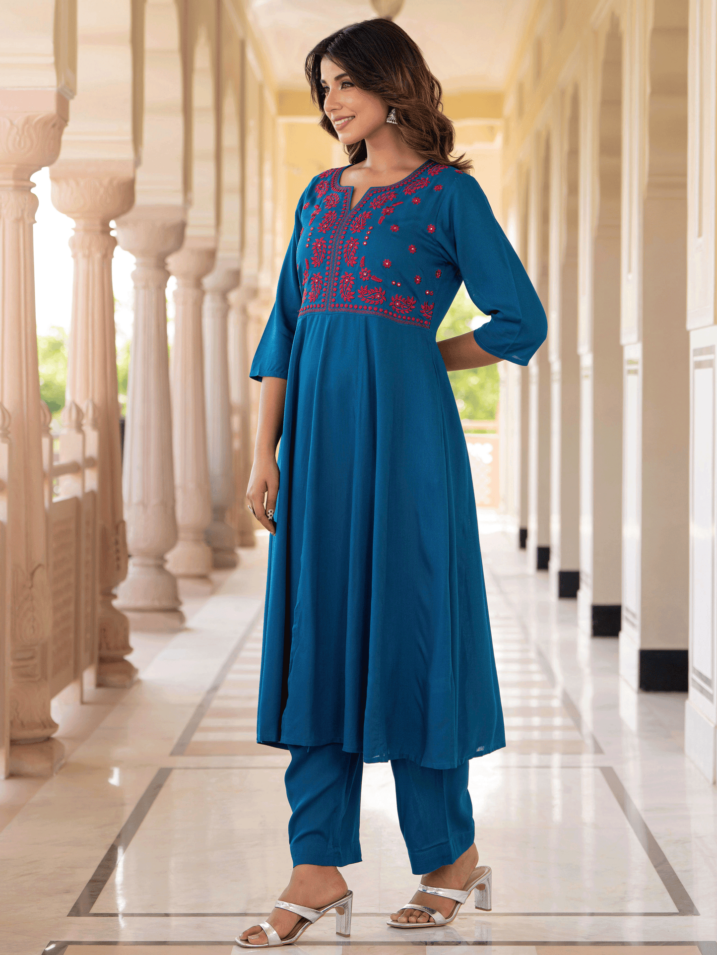 Embroidered Viscose Solid Anarkali Blue Kurta