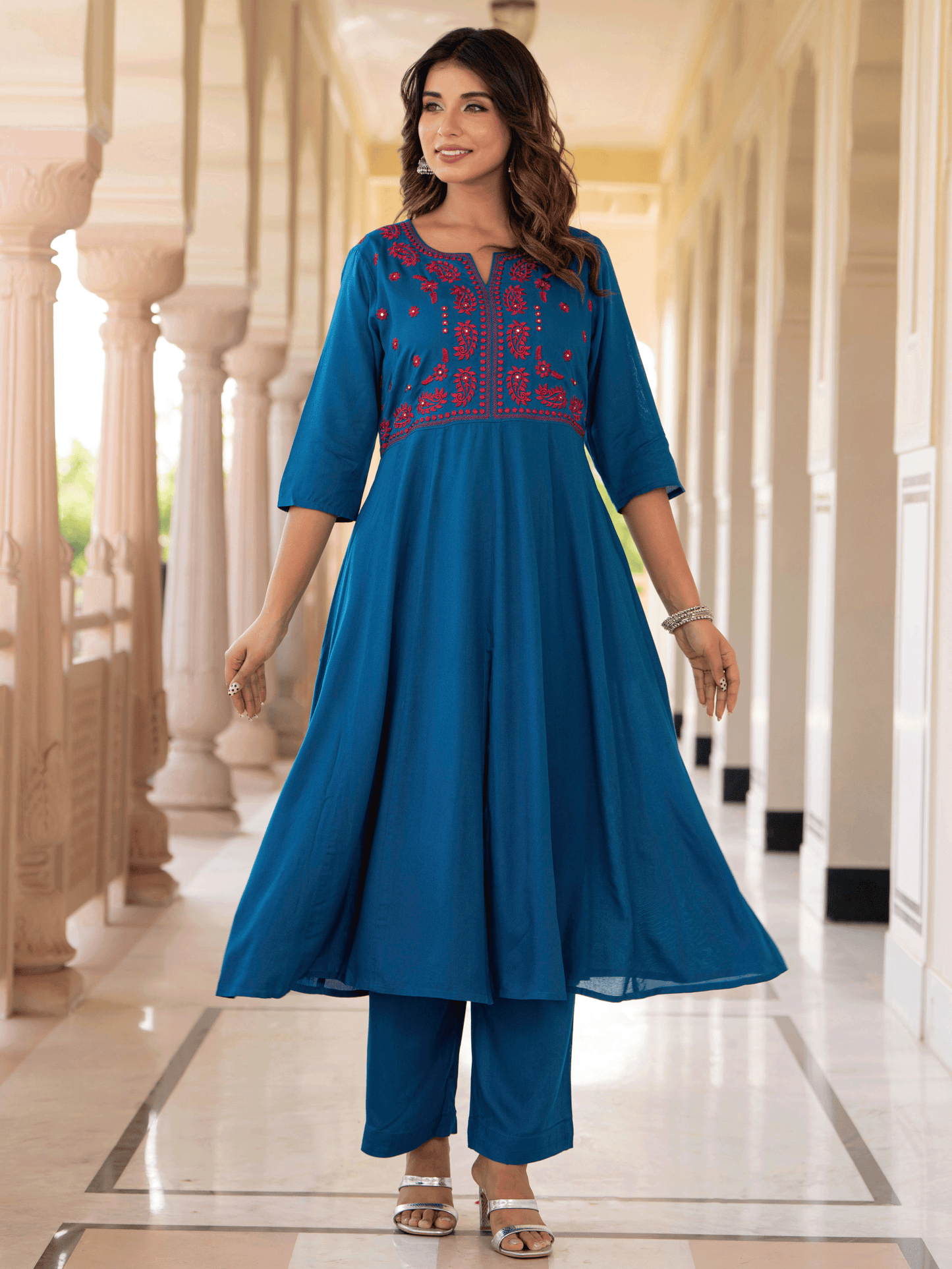 Embroidered Viscose Solid Anarkali Blue Kurta