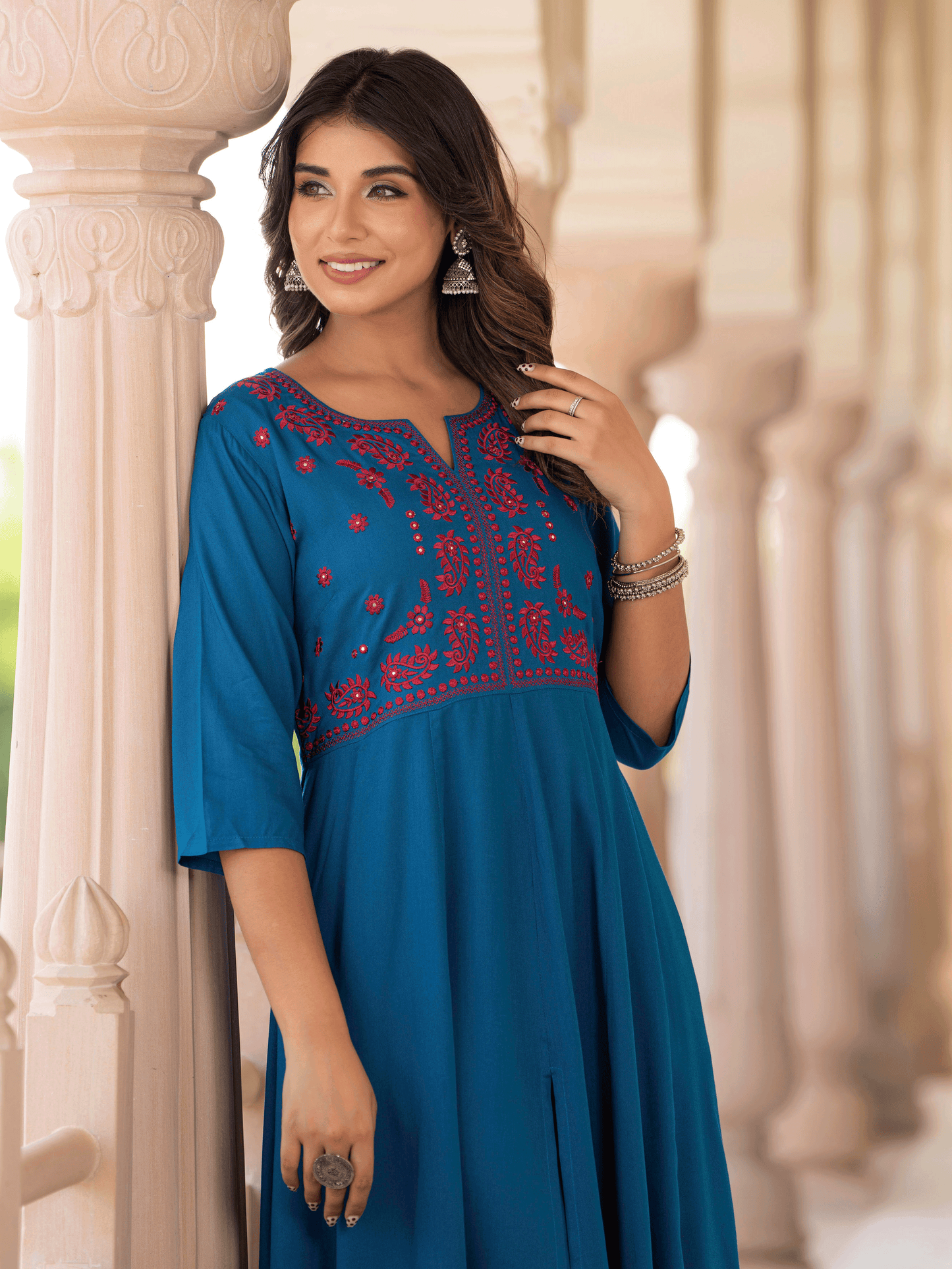 Embroidered Viscose Solid Anarkali Blue Kurta