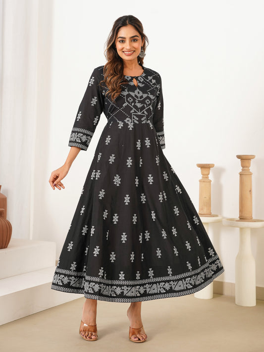 Soft Cotton Butti Anarkali Black Dress