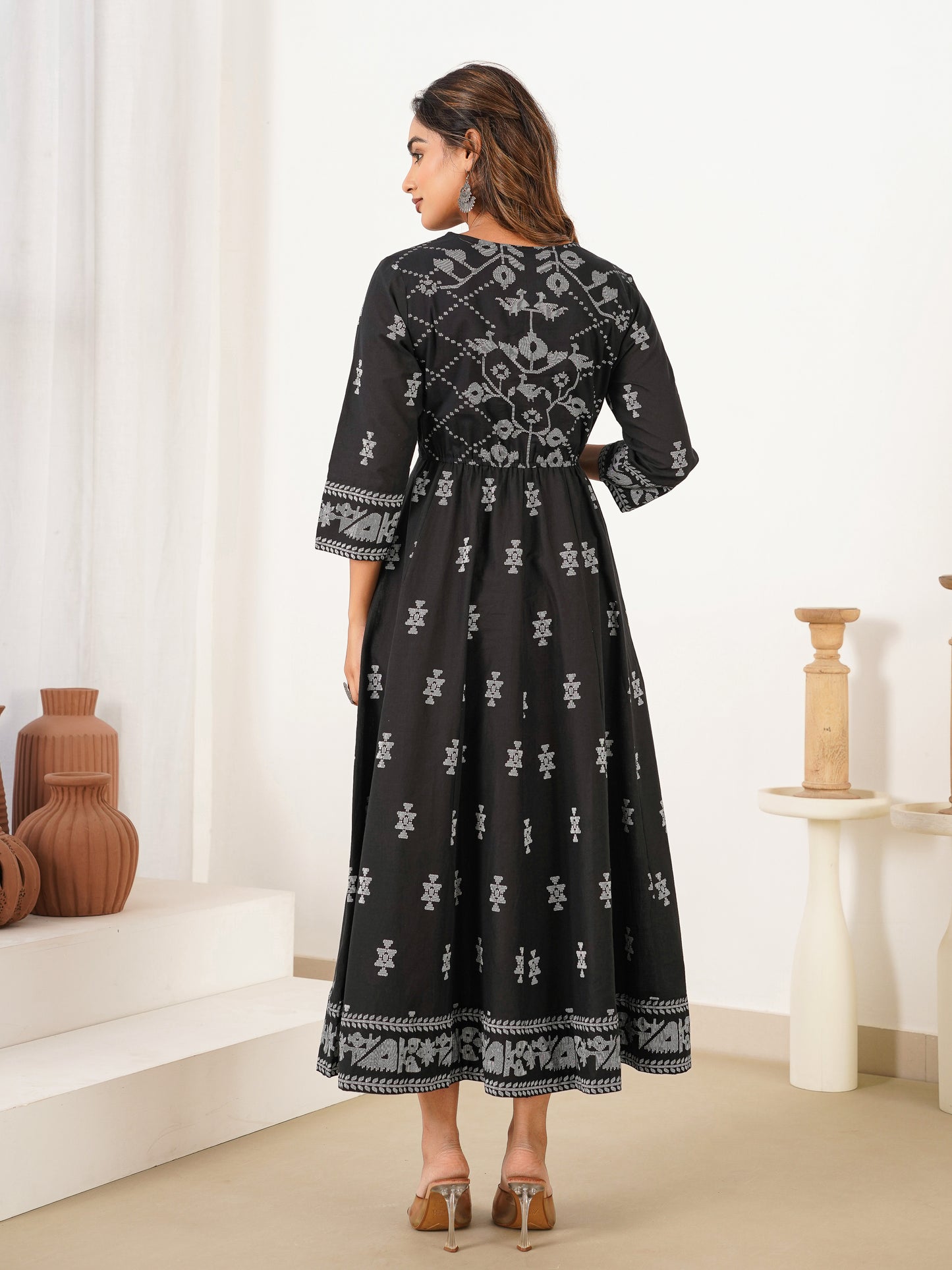 Soft Cotton Butti Anarkali Black Dress