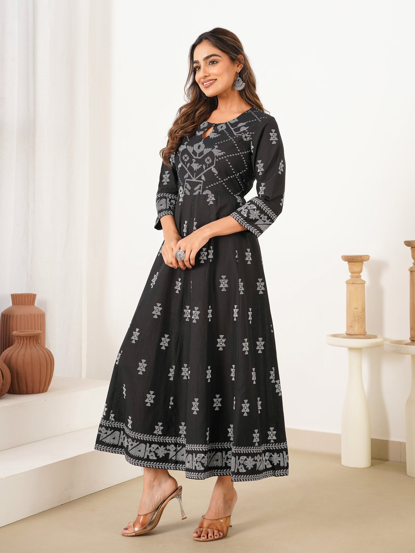 Soft Cotton Butti Anarkali Black Dress