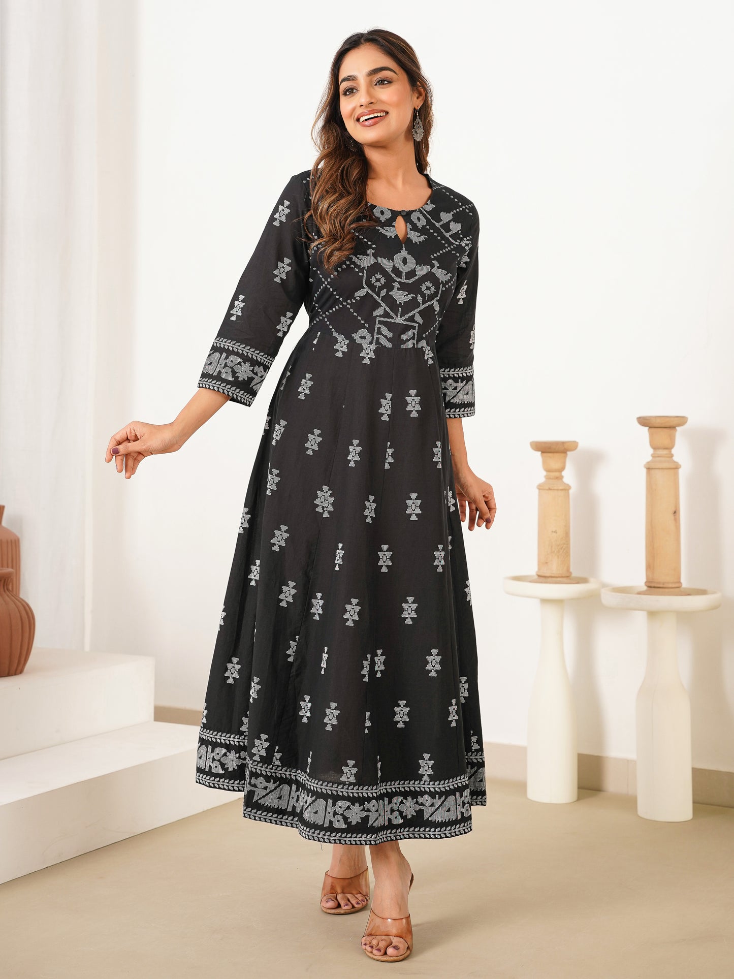 Soft Cotton Butti Anarkali Black Dress