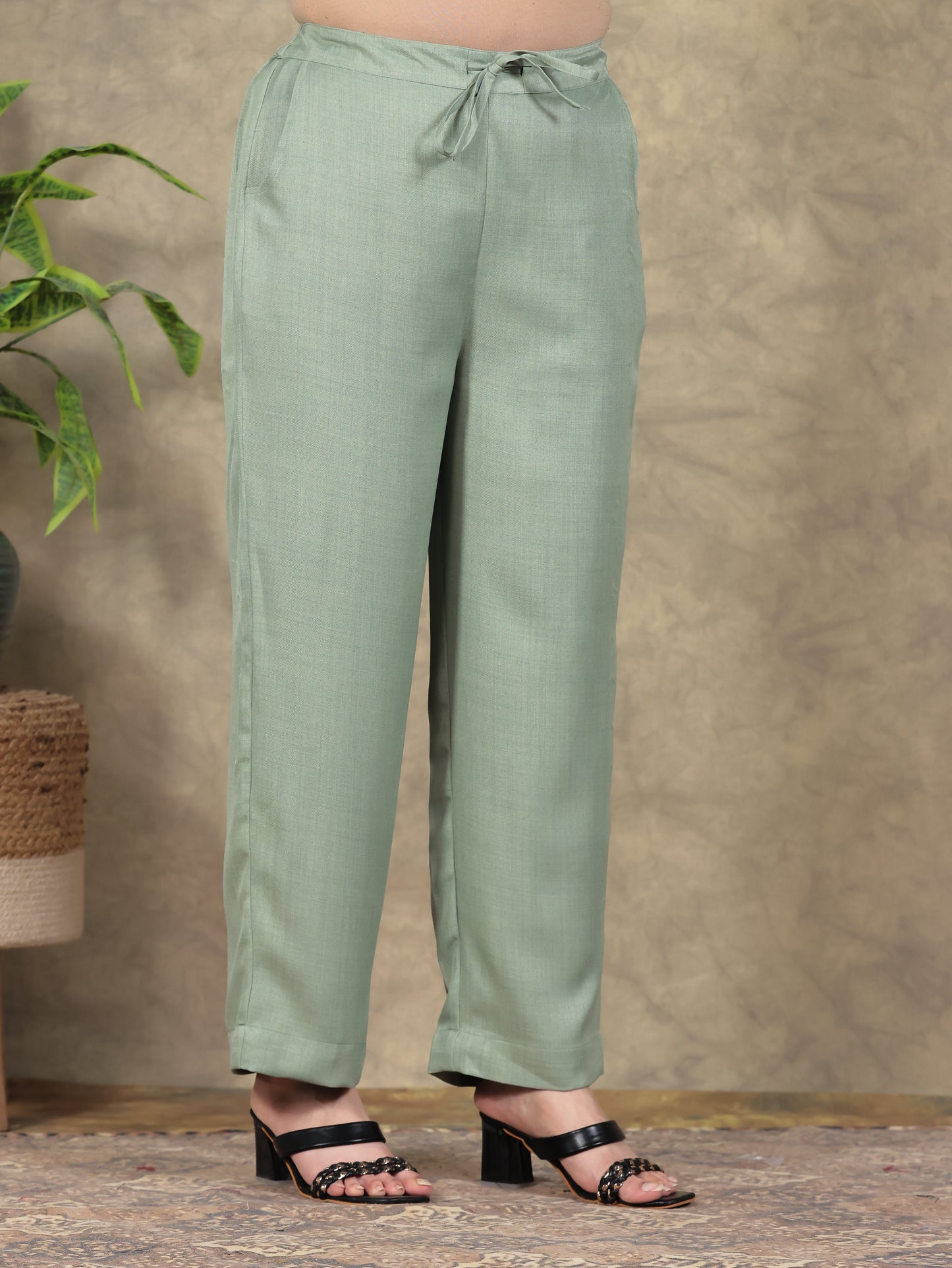 Poly Blend Solid Mint Green Straight Trousers