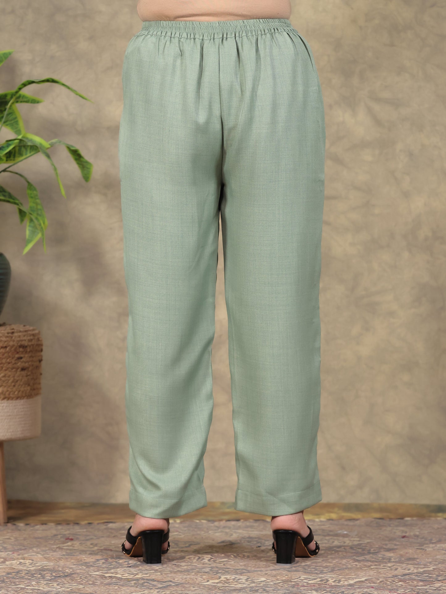 Poly Blend Solid Mint Green Straight Trousers