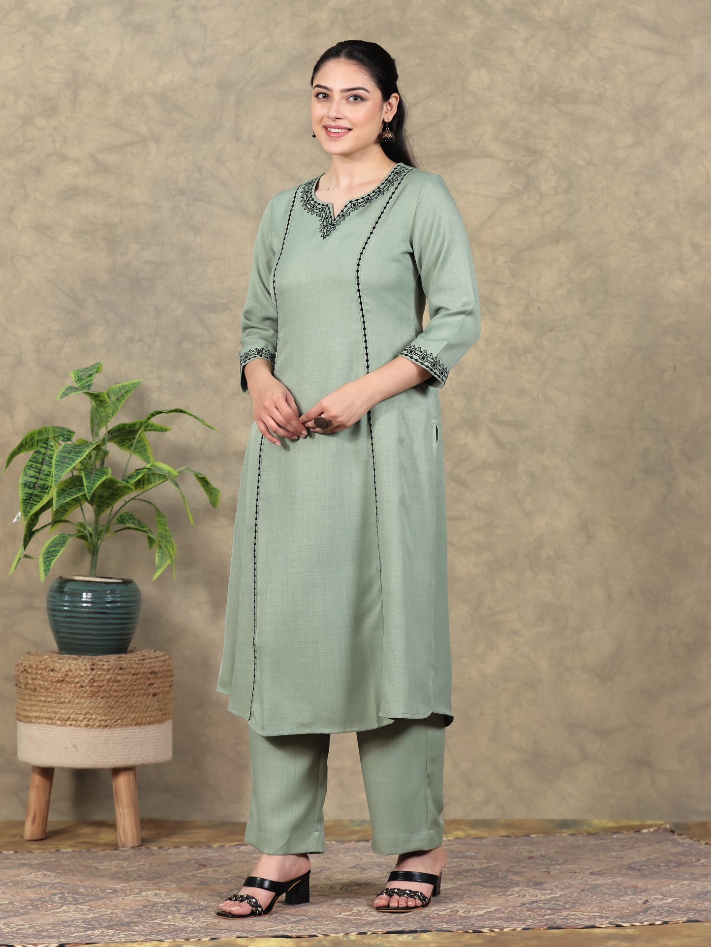 Embroidered Poly Blend Solid A-line Mint Green Kurta