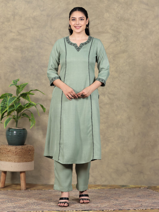 Embroidered Blended Silk Solid A-line Mint Green Kurta