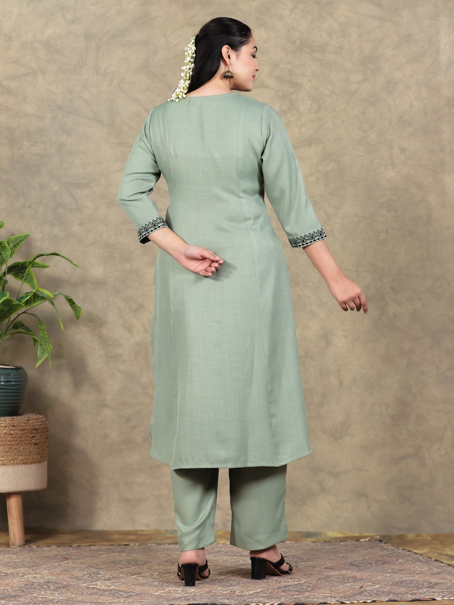 Embroidered Poly Blend Solid A-line Mint Green Kurta