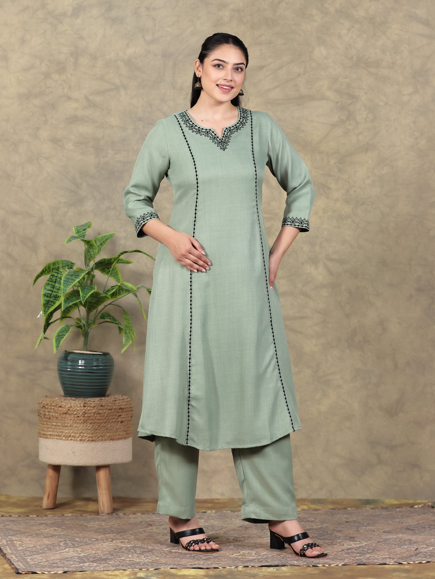 Embroidered Poly Blend Solid A-line Mint Green Kurta