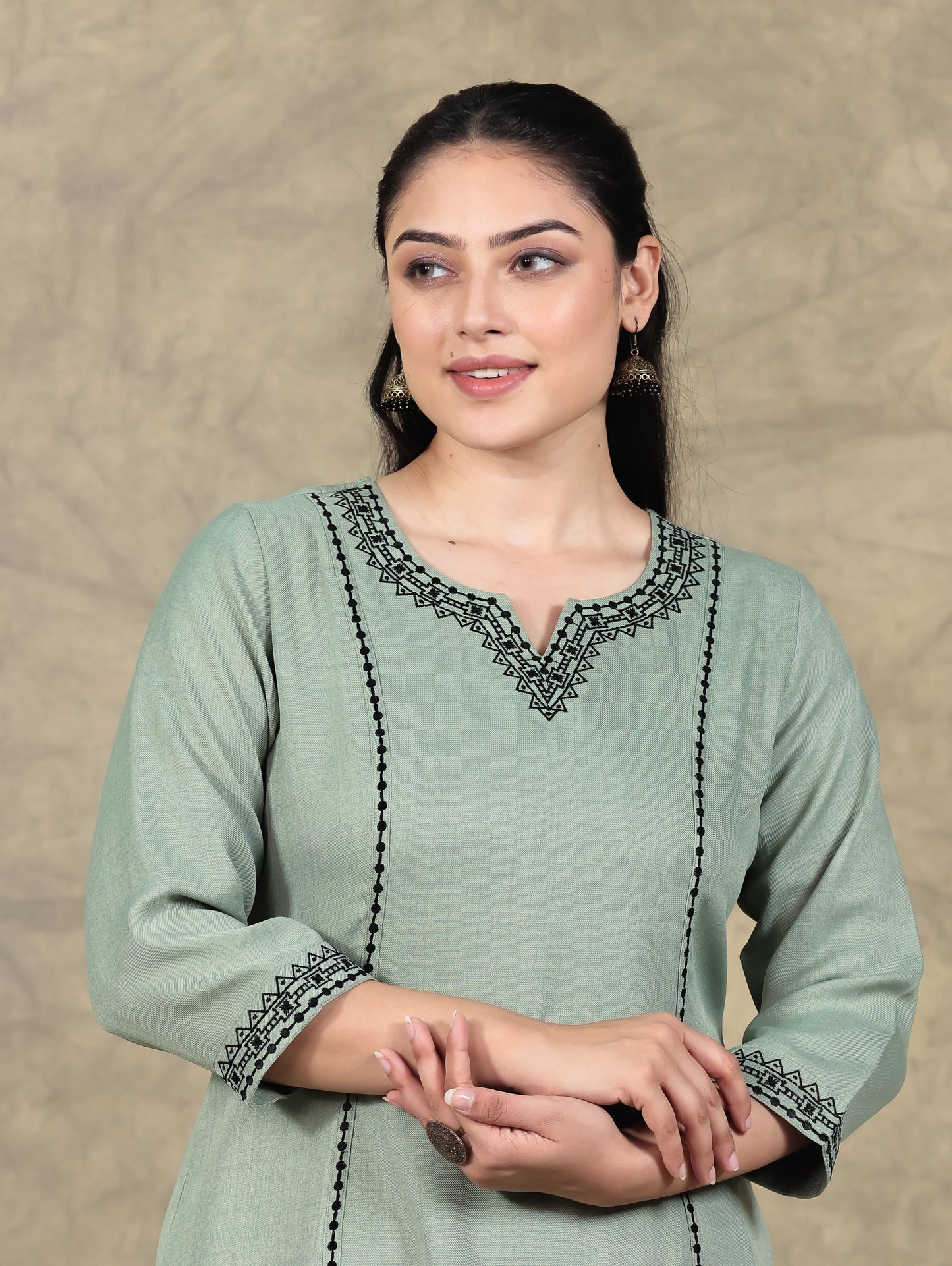 Embroidered Poly Blend Solid A-line Mint Green Kurta