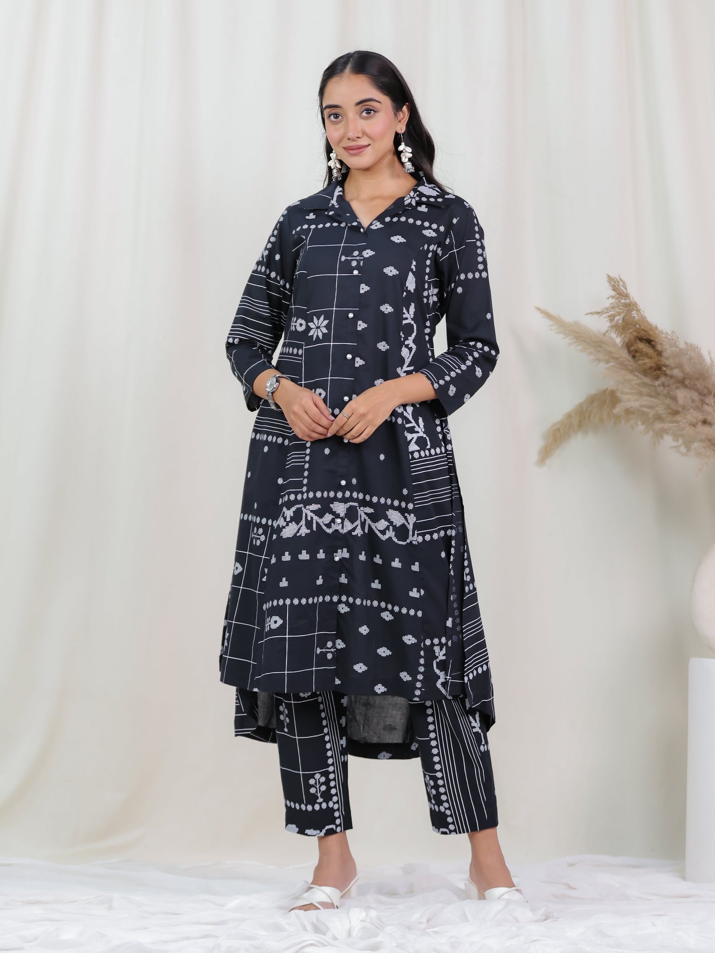 Soft Cotton Patchwork High Low Black Kurta