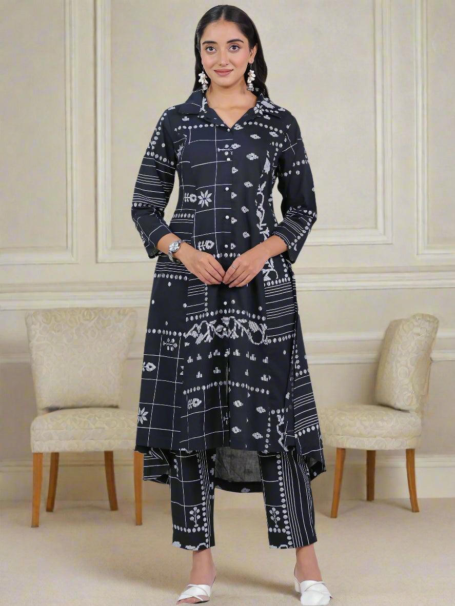 Soft Cotton Patchwork High Low Black Kurta