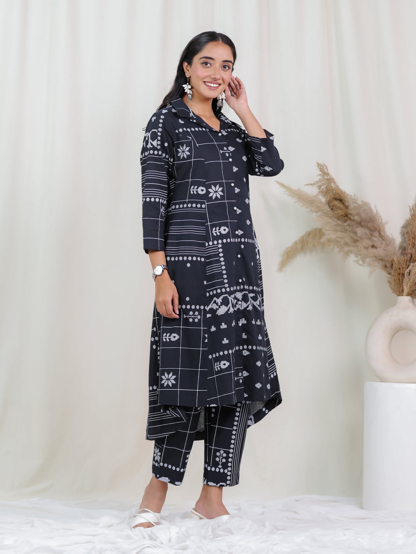 Soft Cotton Patchwork High Low Black Kurta