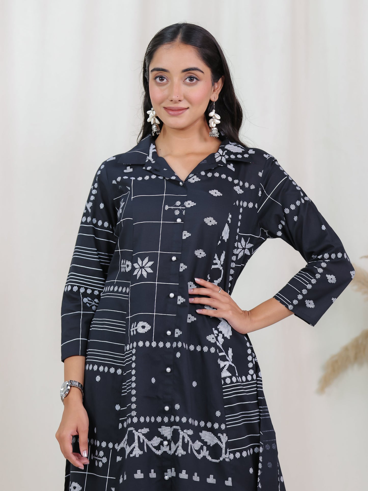 Soft Cotton Patchwork High Low Black Kurta