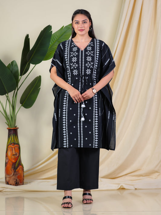 Soft Cotton Placement Print Kaftan Black Kurta (With Necklace)