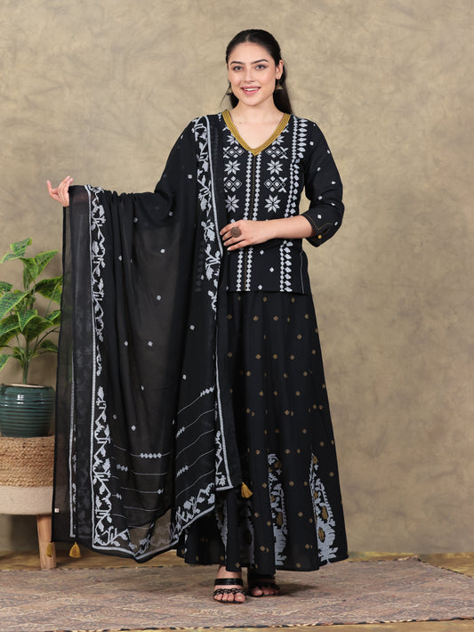 Cotton Voile Geometric Black Dupatta