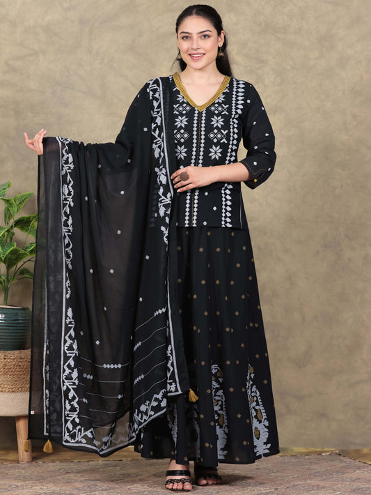 Embroidered Soft Cotton Placement Print Straight Black Kurta