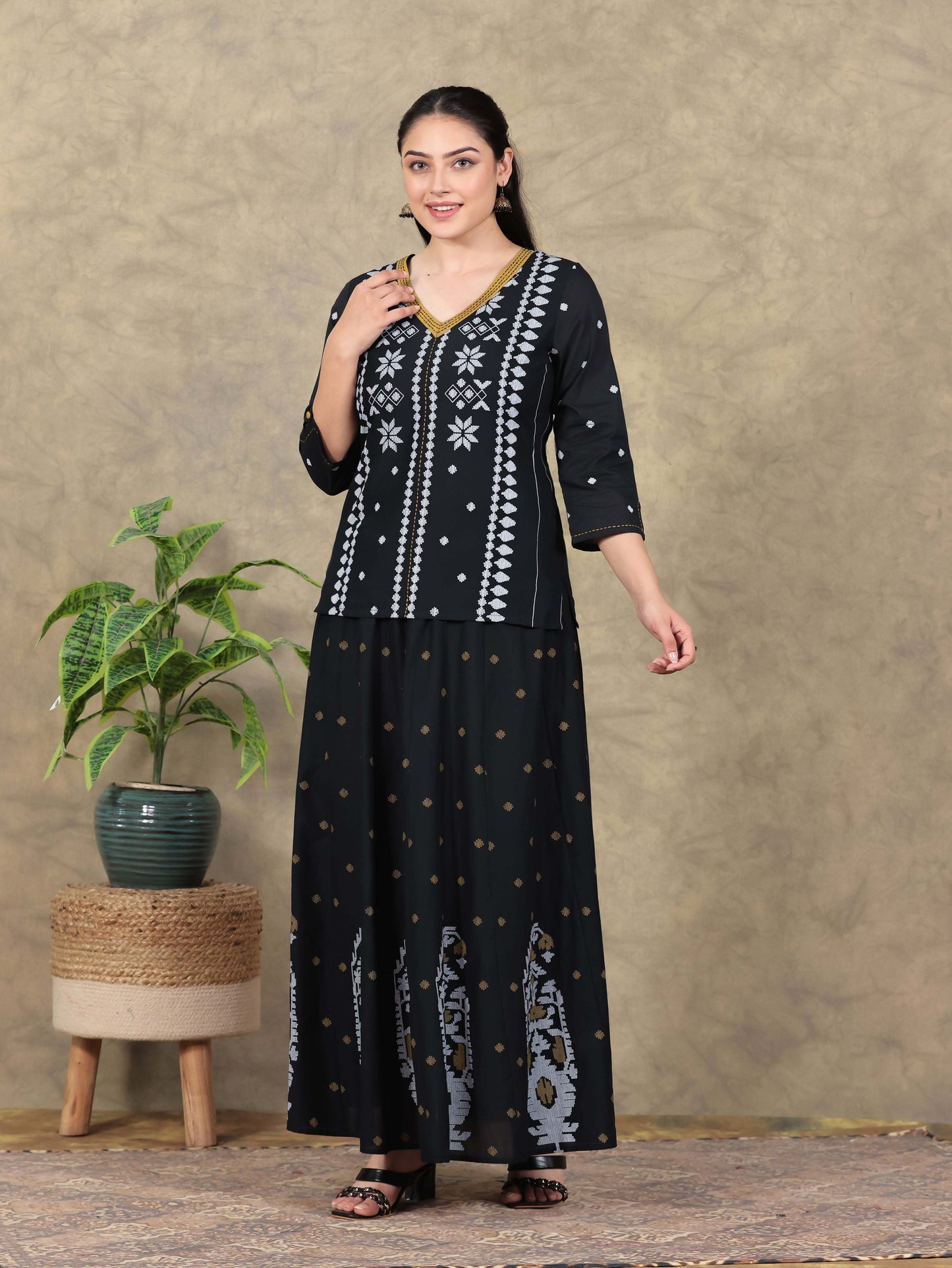 Embroidered Soft Cotton Placement Print Straight Black Kurta