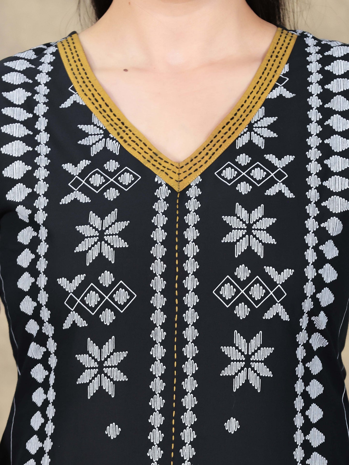 Embroidered Soft Cotton Placement Print Straight Black Kurta