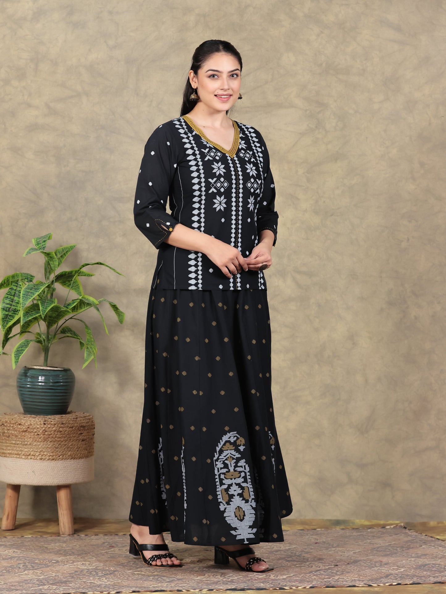 Embroidered Soft Cotton Placement Print Straight Black Kurta
