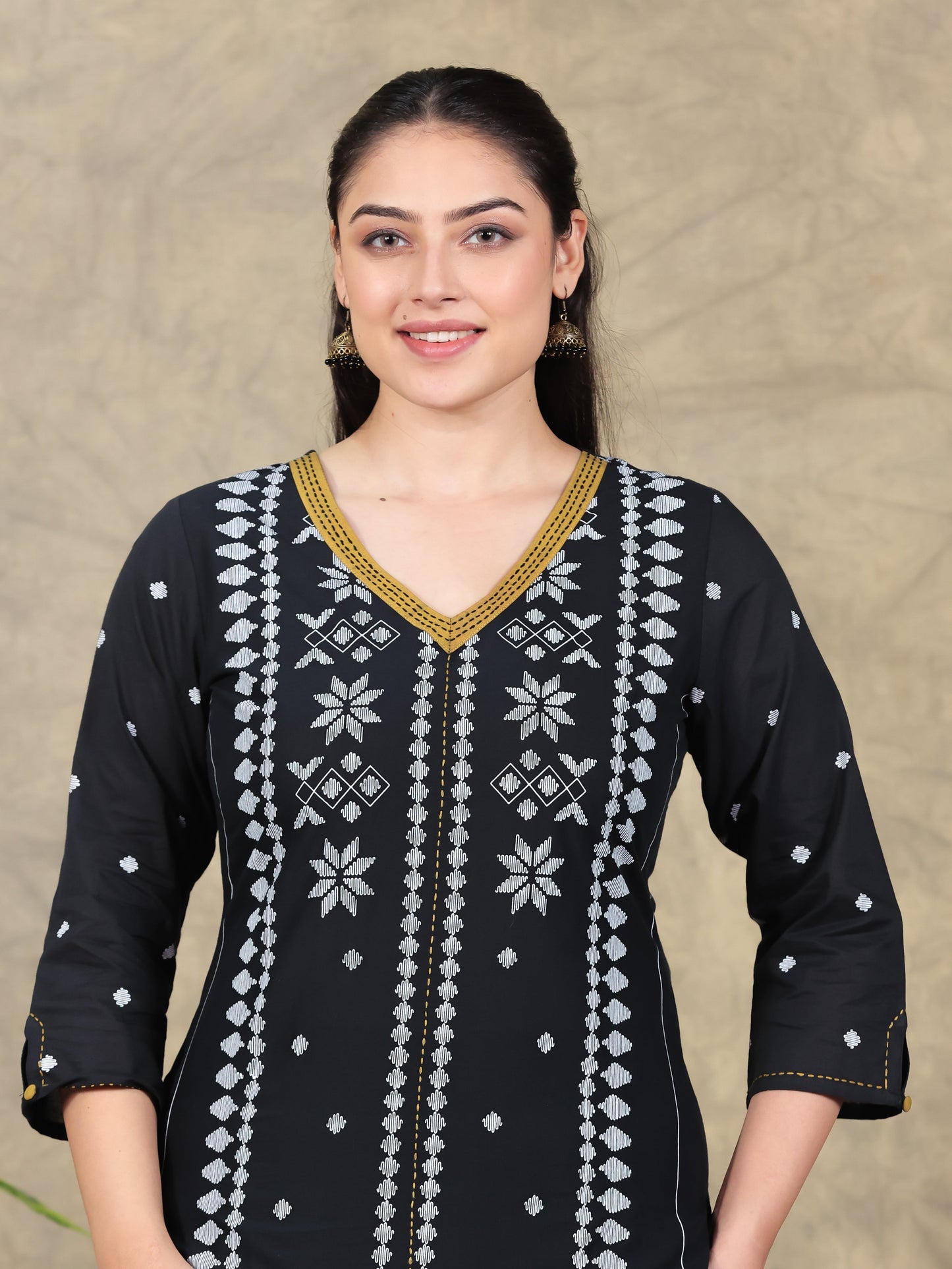 Embroidered Soft Cotton Placement Print Straight Black Kurta