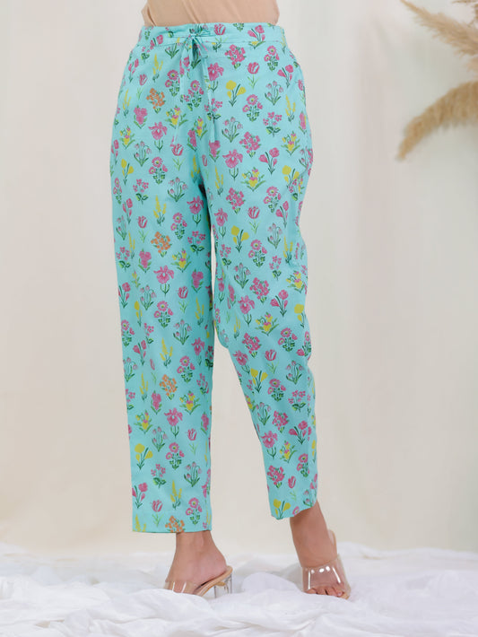 Soft Cotton Floral Mint Green Tapered Trousers