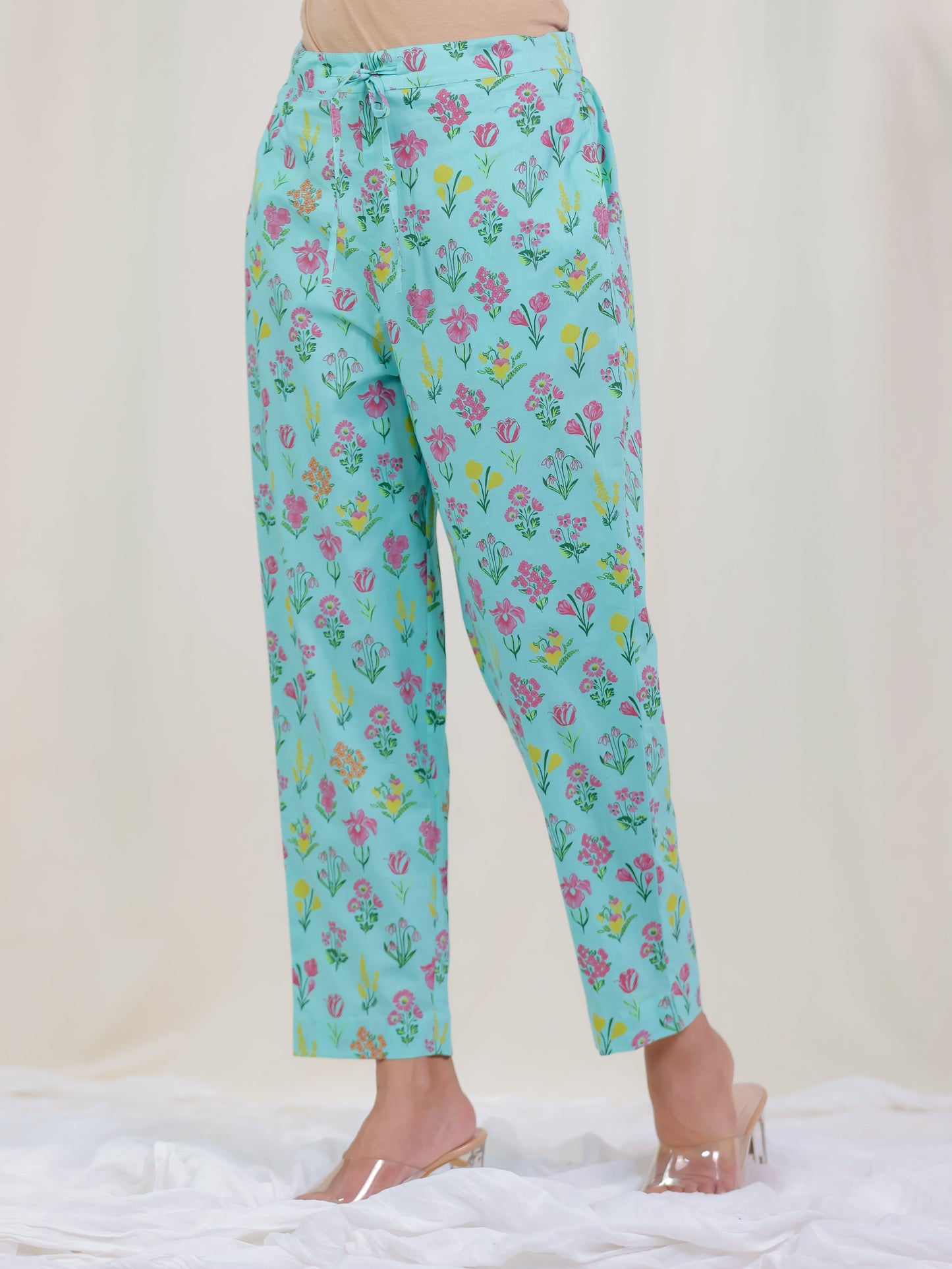Soft Cotton Floral Mint Green Tapered Trousers