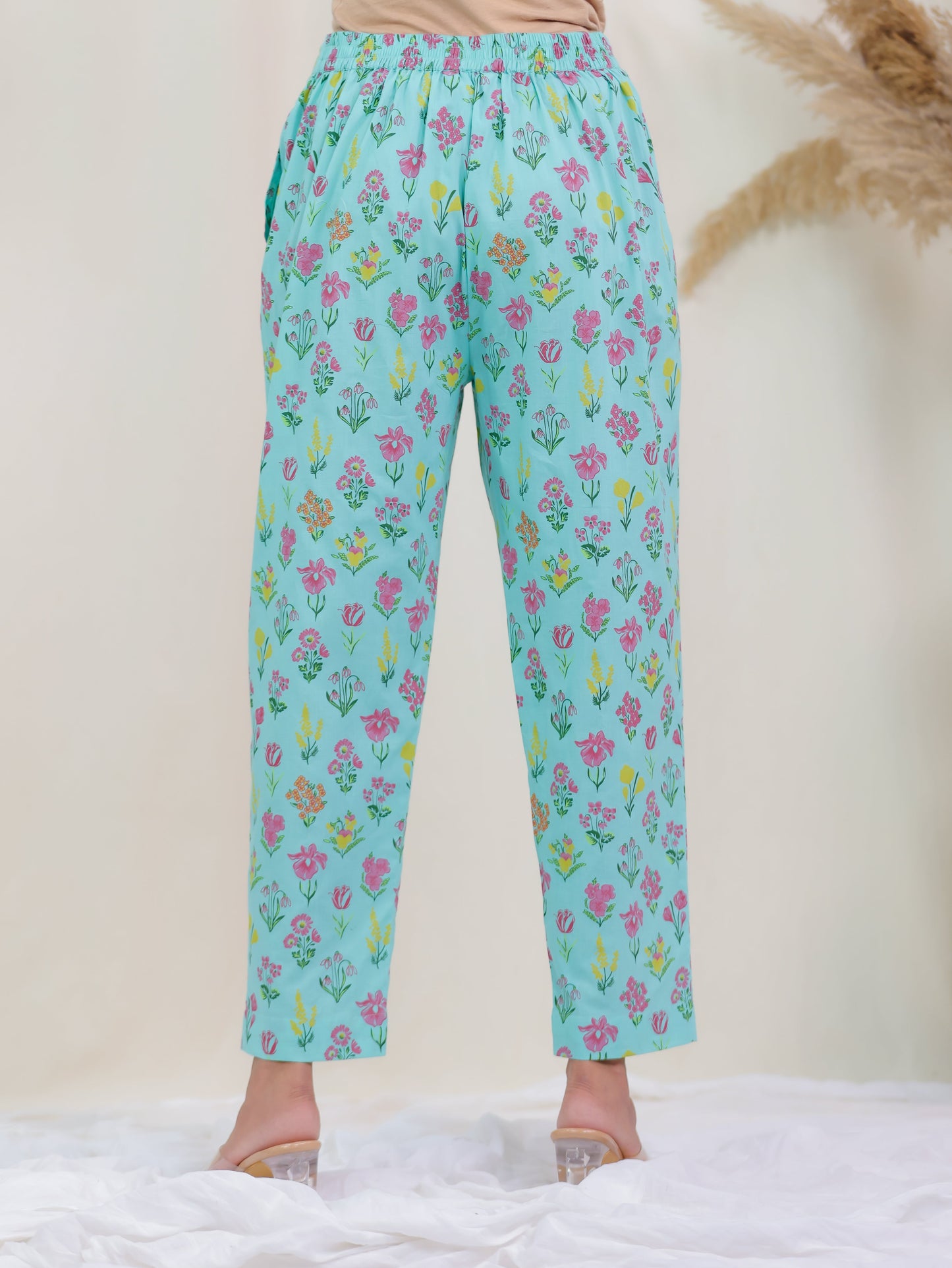 Soft Cotton Floral Mint Green Tapered Trousers