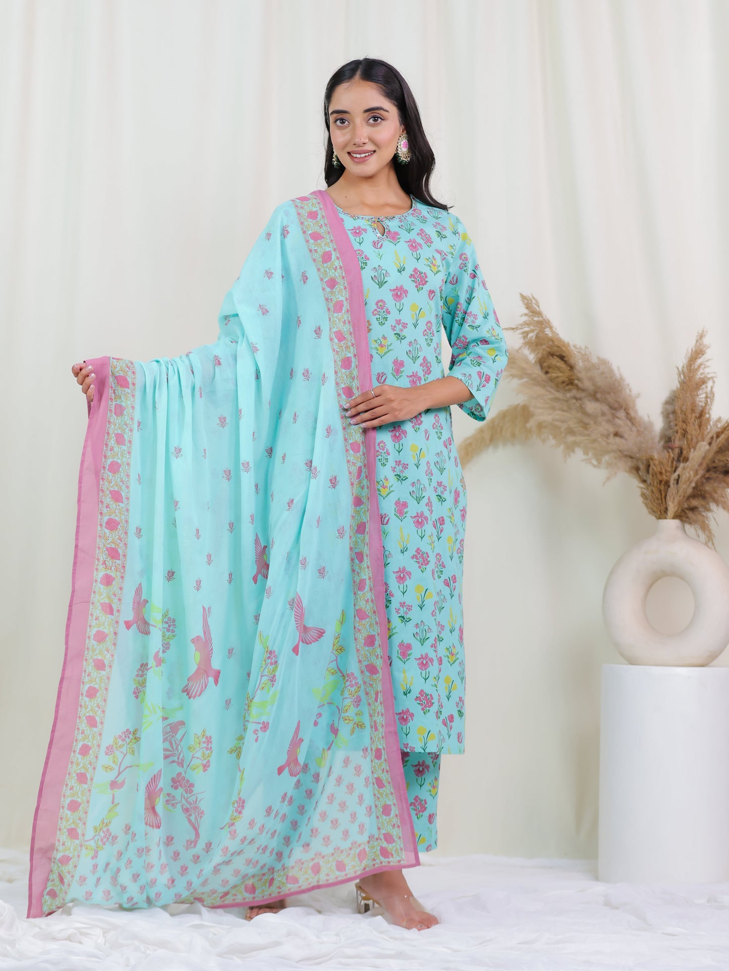 Cotton Voile Floral Mint Green Dupatta
