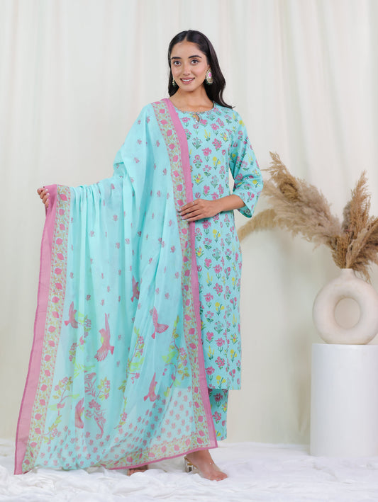 Cotton Voile Floral Mint Green Dupatta