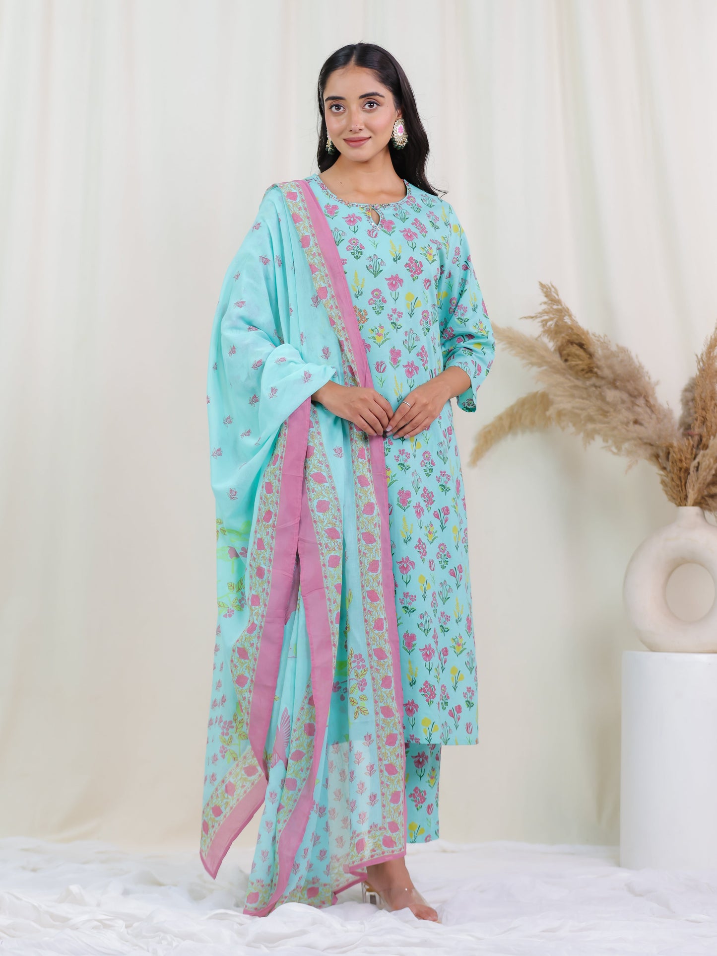 Cotton Voile Floral Mint Green Dupatta