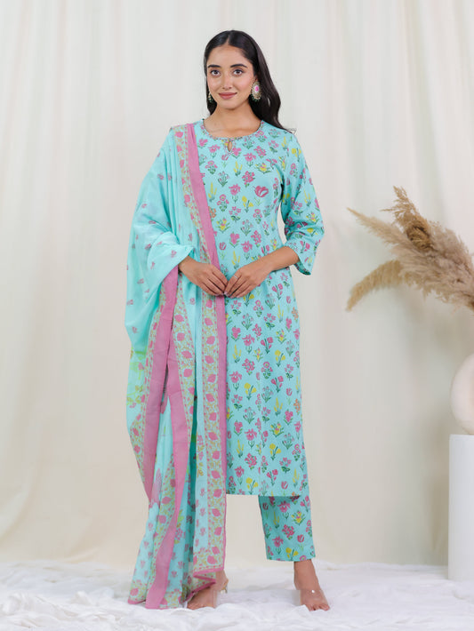 Embroidered Soft Cotton Floral Straight Mint Green Kurta