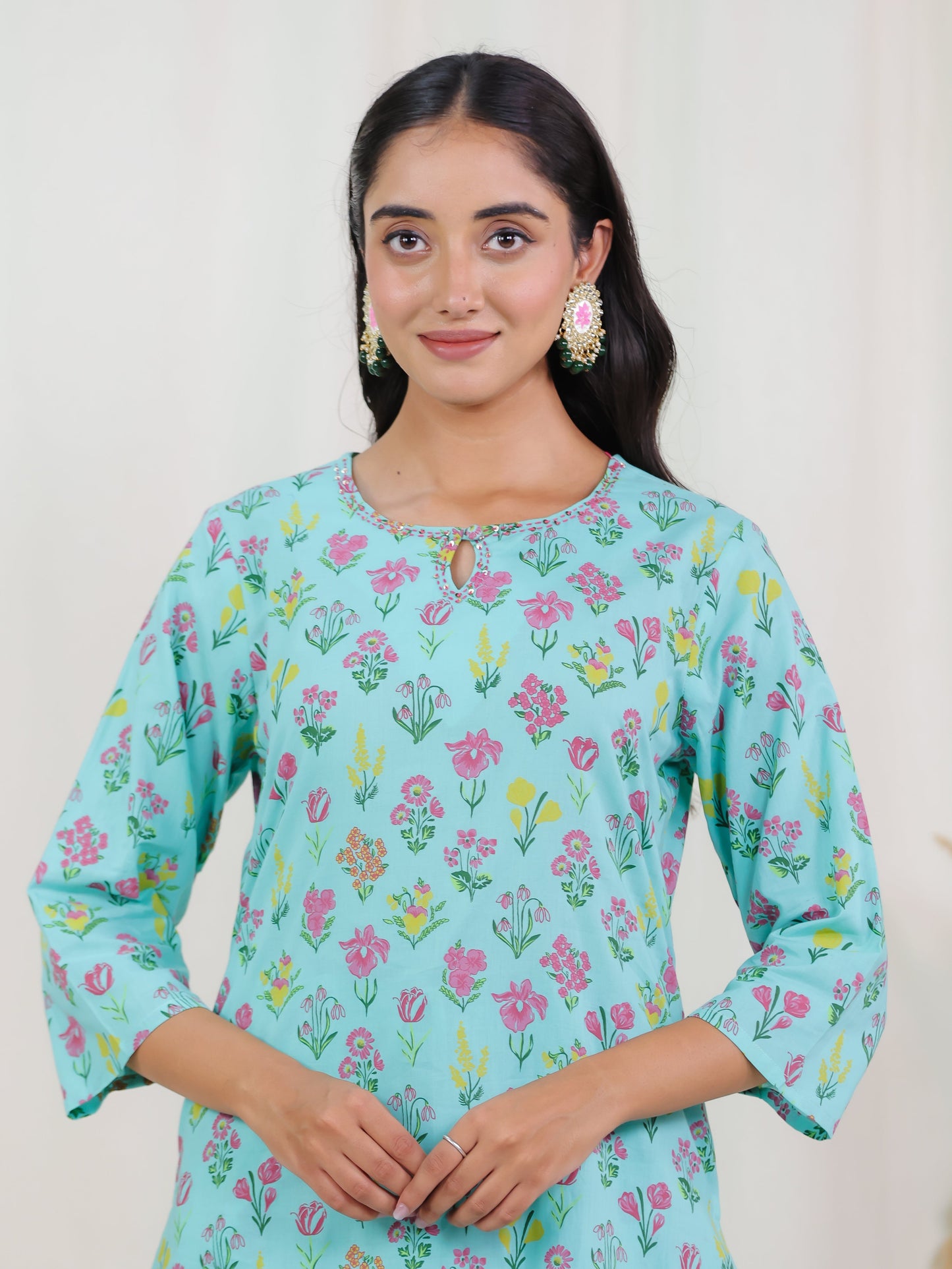 Embroidered Soft Cotton Floral Straight Mint Green Kurta