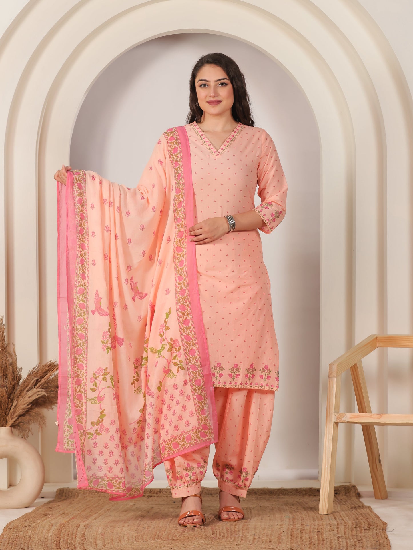 Cotton Voile Floral Peach Dupatta