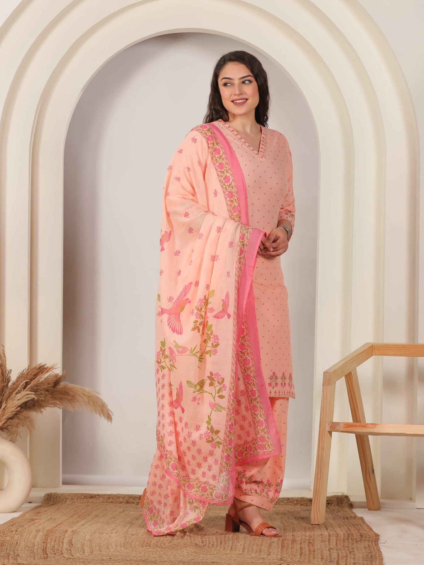 Cotton Voile Floral Peach Dupatta