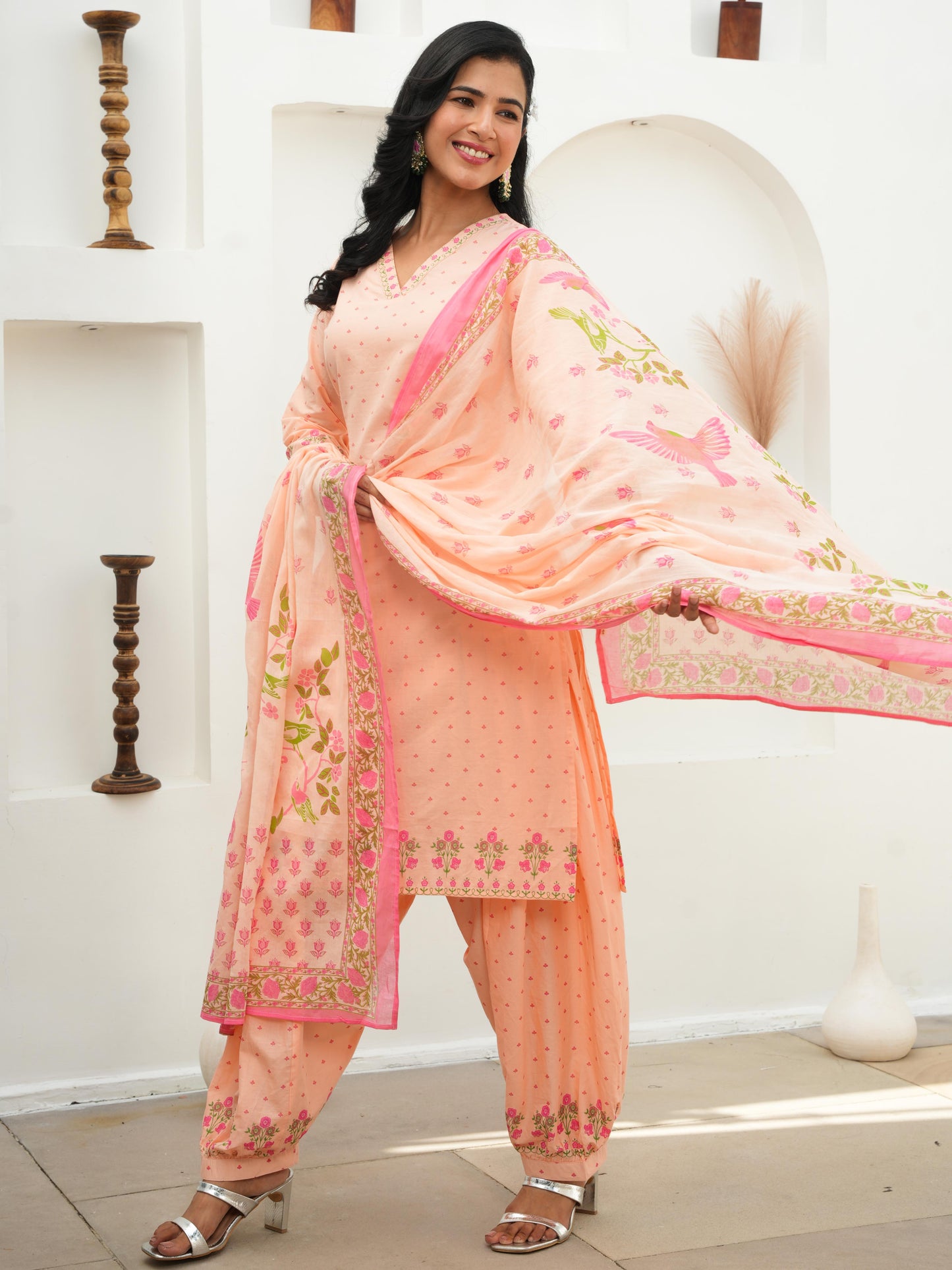 Cotton Voile Floral Peach Dupatta