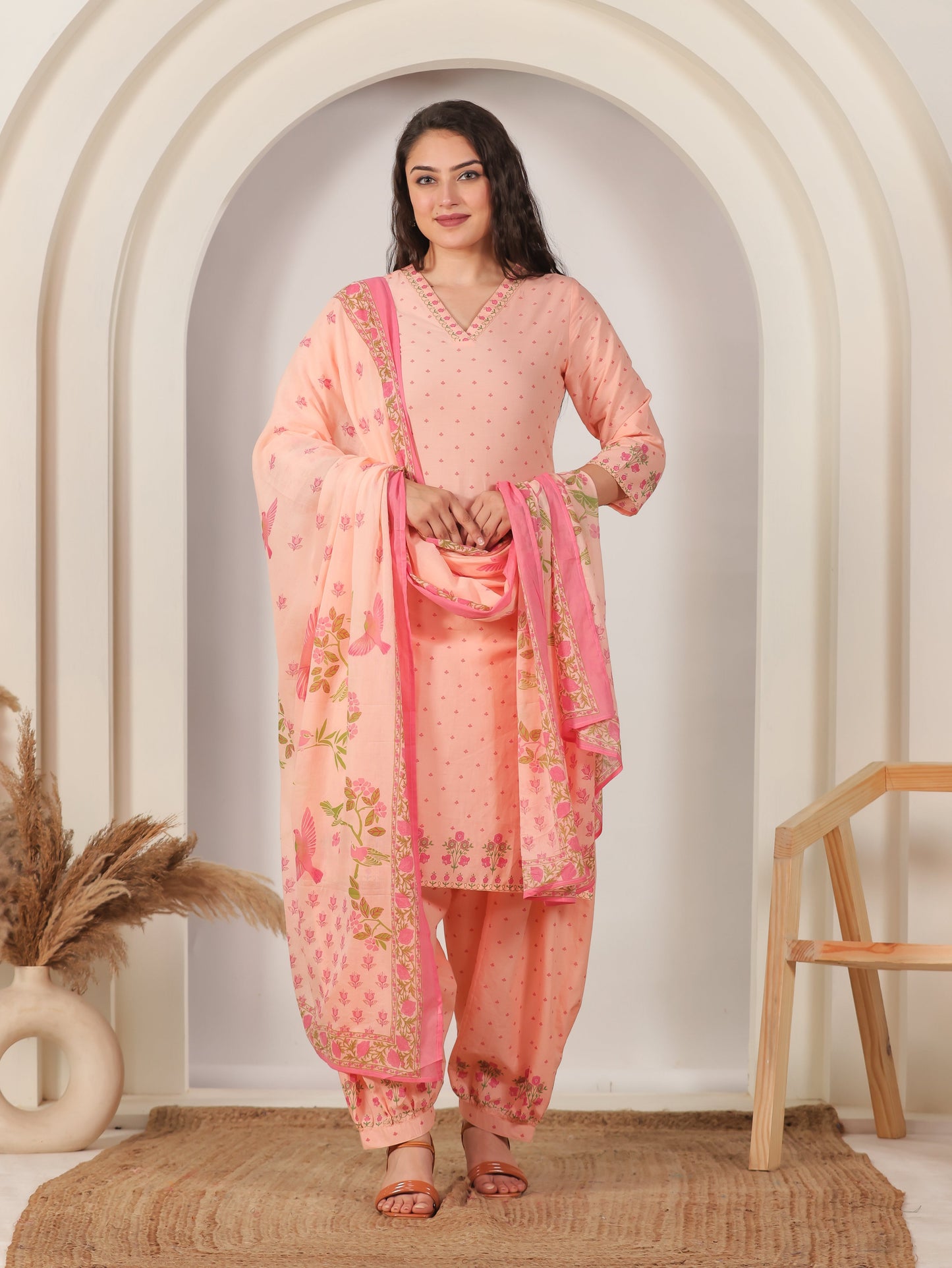Cotton Voile Floral Peach Dupatta