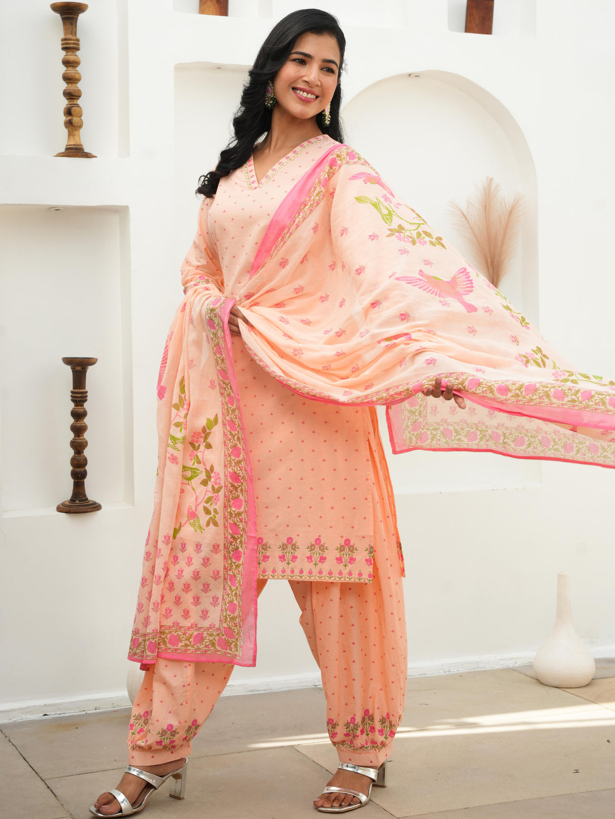 Soft Cotton Floral A-line Peach Kurta
