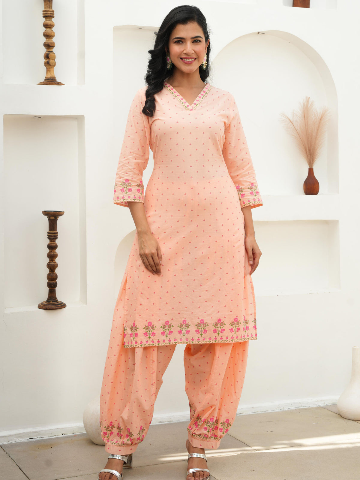 Soft Cotton Floral A-line Peach Kurta