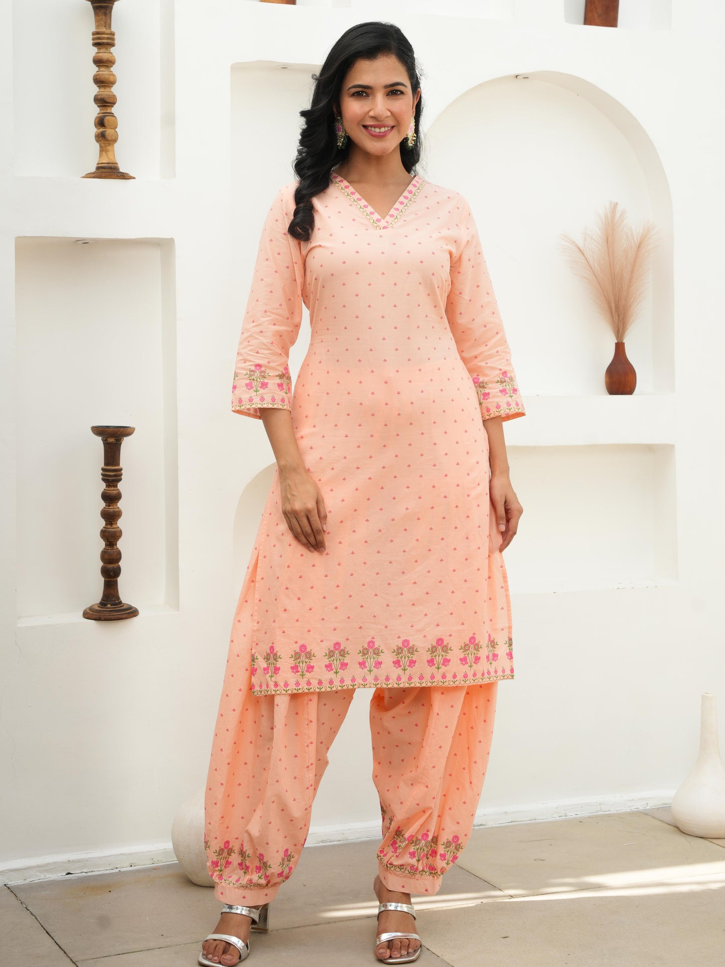 Soft Cotton Floral A-line Peach Kurta