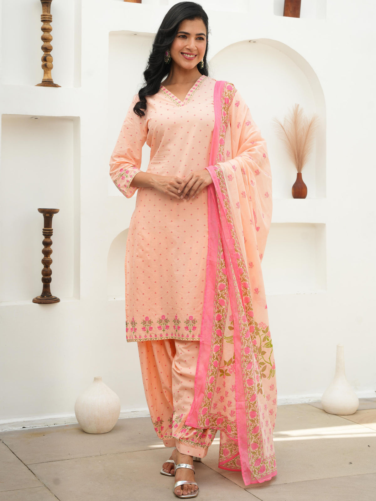Soft Cotton Floral A-line Peach Kurta