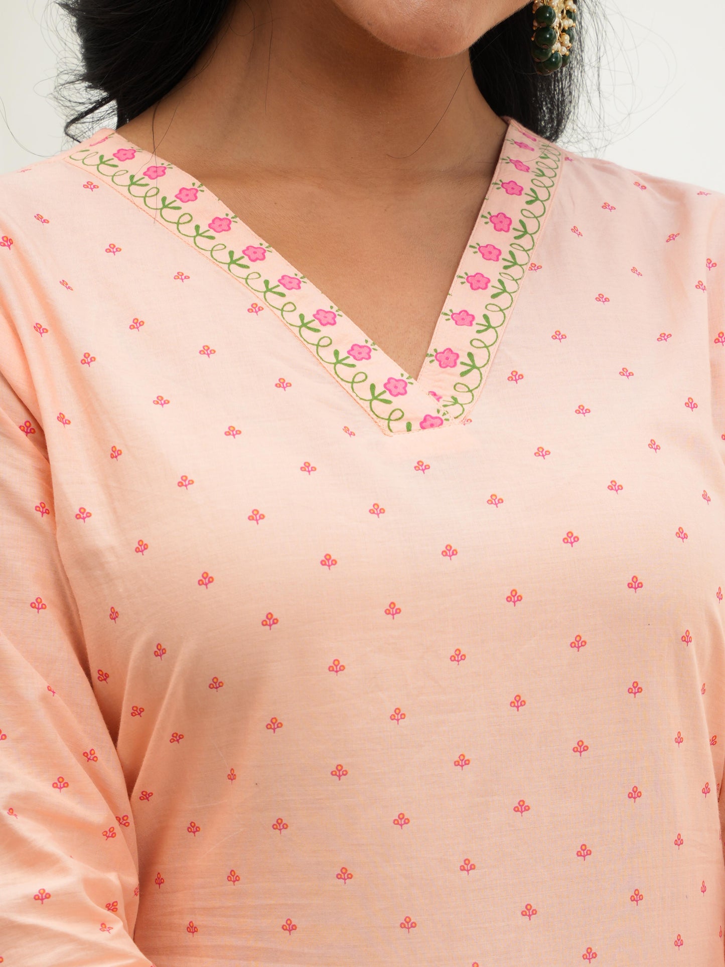 Soft Cotton Floral A-line Peach Kurta