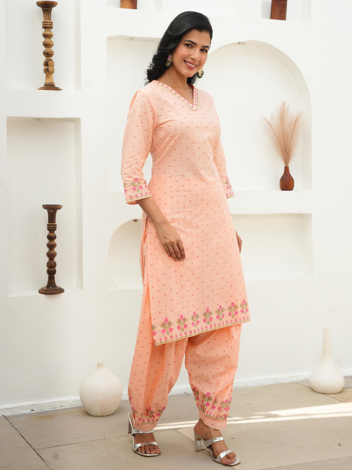 Soft Cotton Floral A-line Peach Kurta