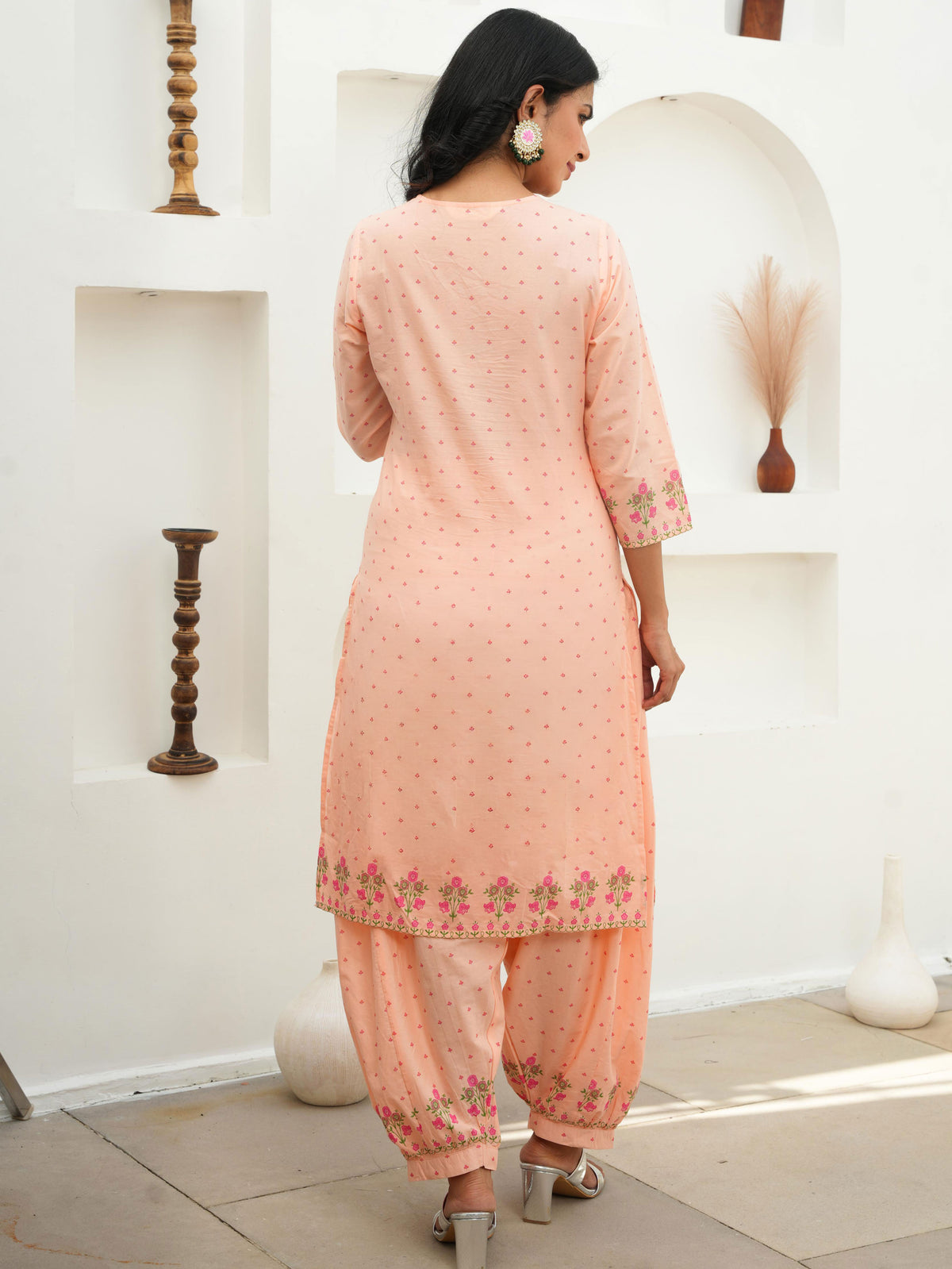 Soft Cotton Floral A-line Peach Kurta
